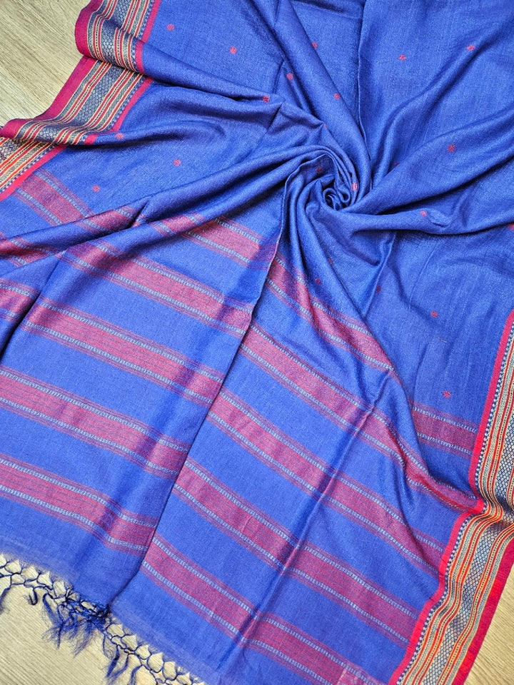 Balaram Saha’s Classic Blue Red Handloom Tussar Silk Saree for Timeless Beauty