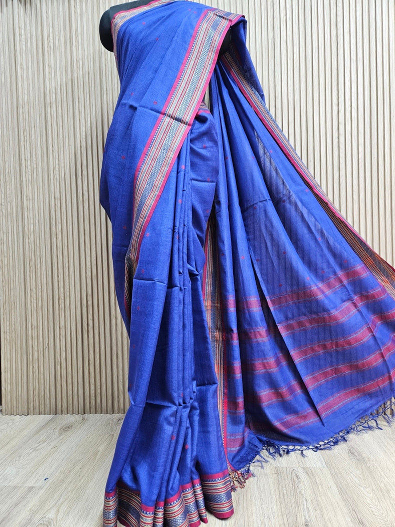 Balaram Saha’s Classic Blue Red Handloom Tussar Silk Saree for Timeless Beauty Balaram Saha