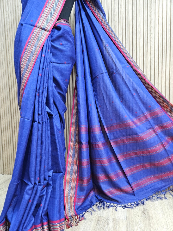 Balaram Saha’s Classic Blue Red Handloom Tussar Silk Saree for Timeless Beauty