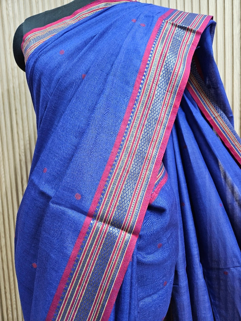 Balaram Saha’s Classic Blue Red Handloom Tussar Silk Saree for Timeless Beauty