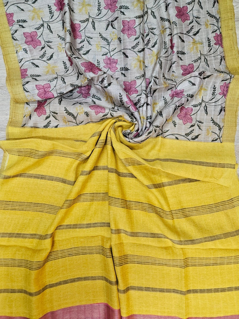 Exquisite Handloom Tussar Silk Saree in Beige and Mustard Balaram Saha
