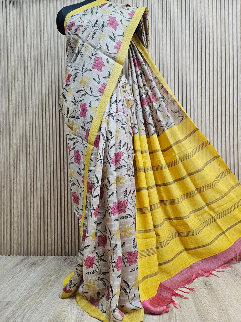 Exquisite Handloom Tussar Silk Saree in Beige and Mustard Balaram Saha