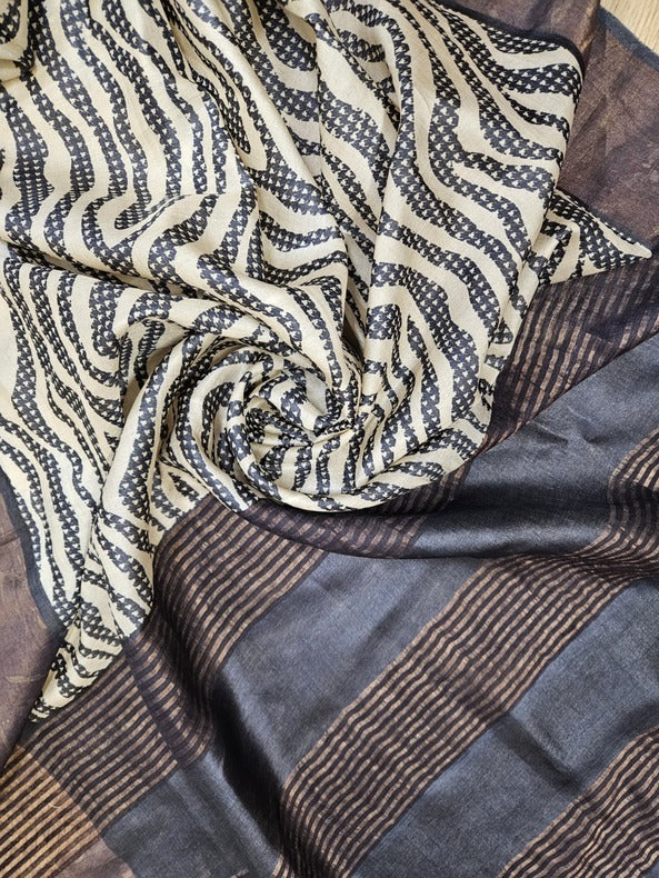 Off White & Black Premium Tussar Silk Saree With Hand Block Print Balaram Saha