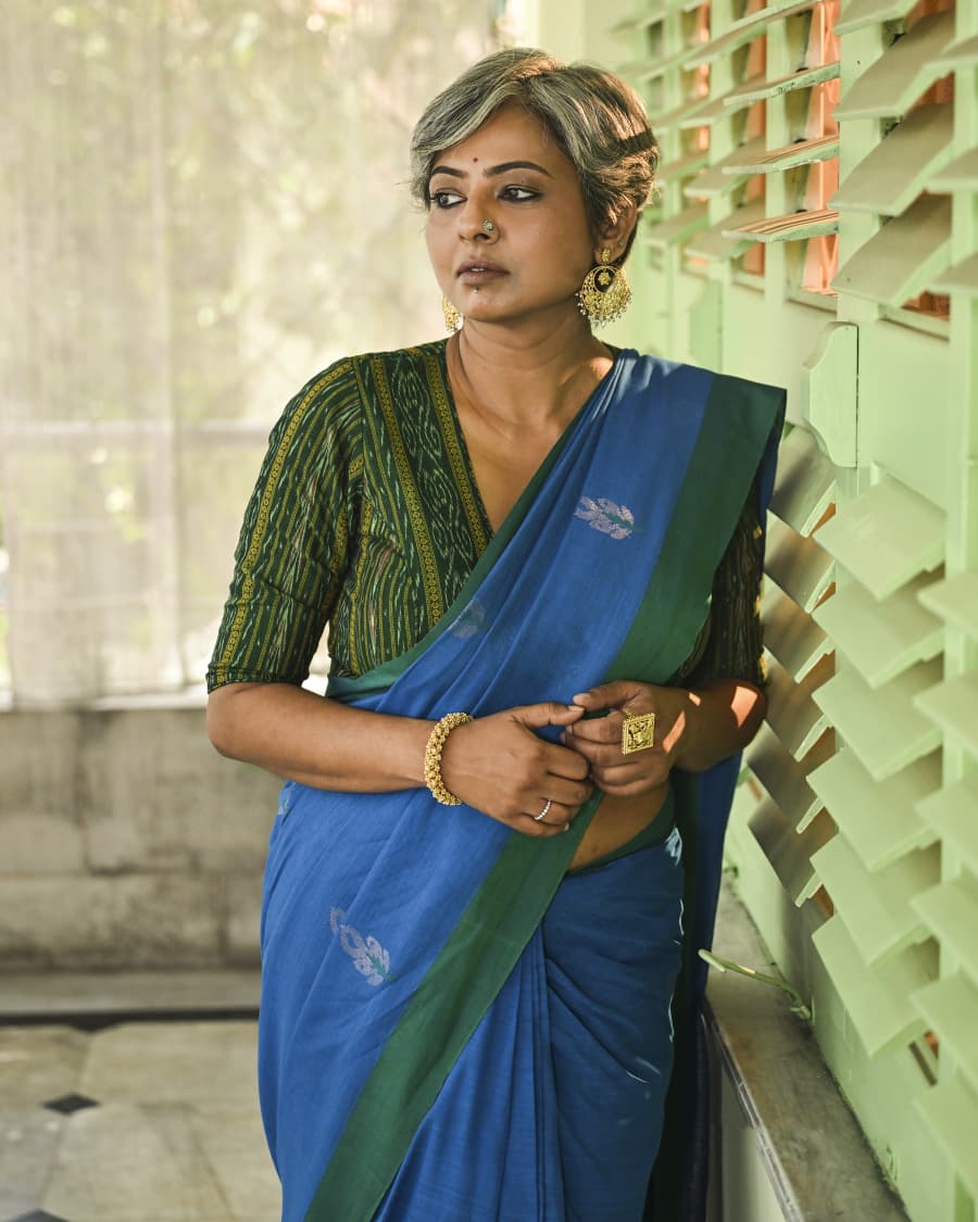 Handloom Cotton Saree by Balaram Saha – Bright Blue with Green Border Balaram Saha