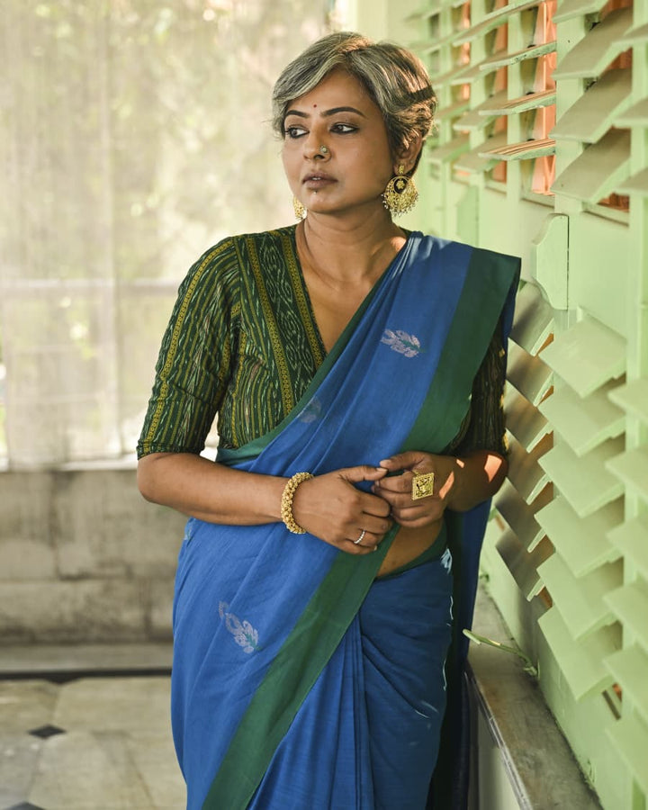 Handloom Cotton Saree by Balaram Saha – Bright Blue with Green Border Balaram Saha