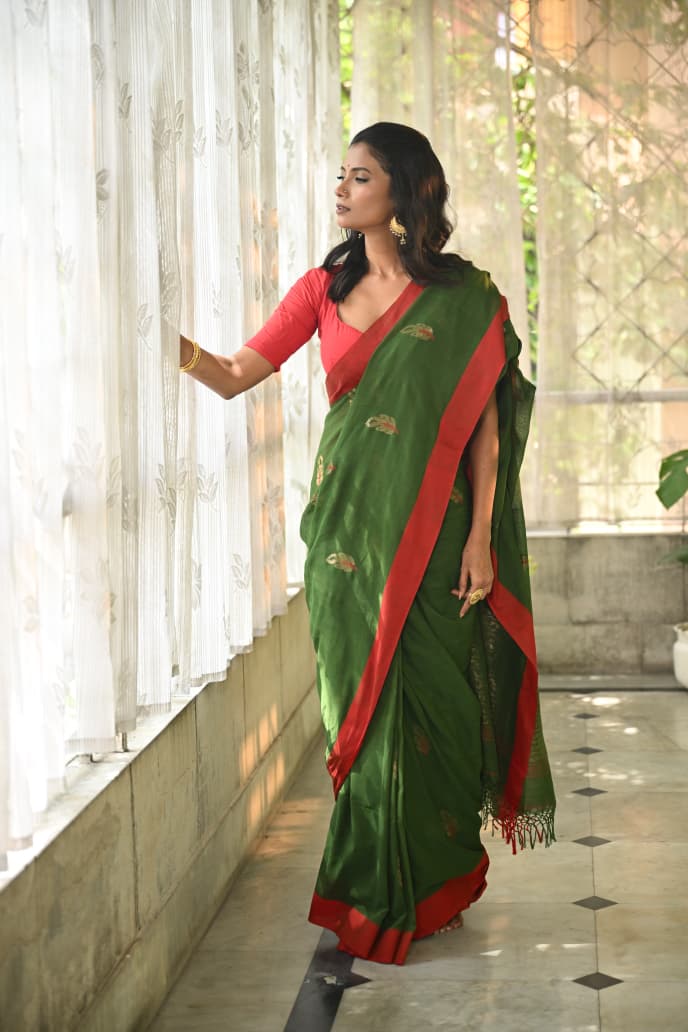 Balaram Saha's Nature's Embrace: Soft Green Handloom Cotton Saree Balaram Saha
