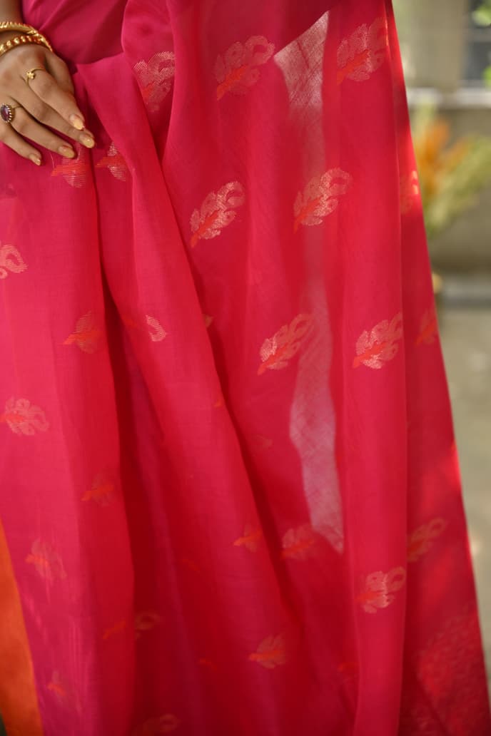 Khadi Cotton Saree - Rani Pink & Orange by Balaram Saha Balaram Saha