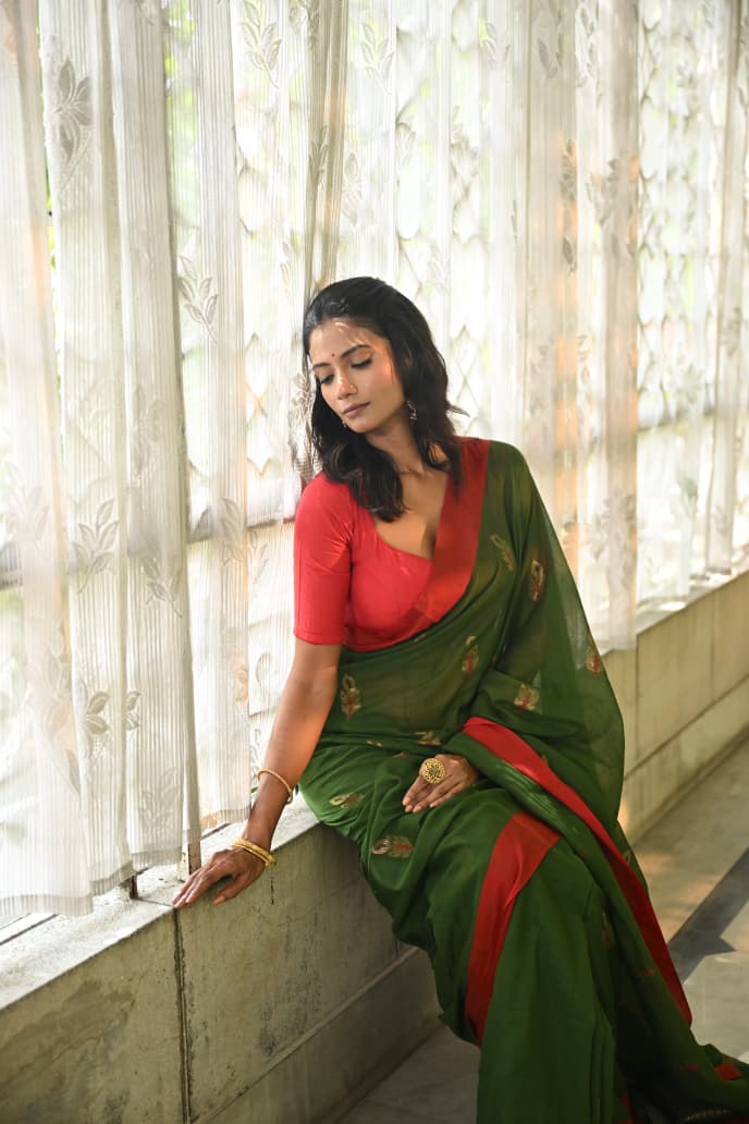 Balaram Saha's Nature's Embrace: Soft Green Handloom Cotton Saree Balaram Saha