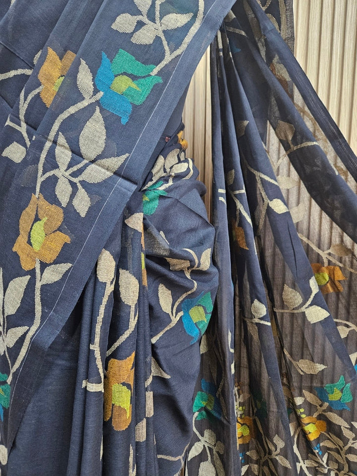 Masterful Craft: Balaram Saha's Black & Multi Handwoven Cotton Jamdani Saree Balaram Saha