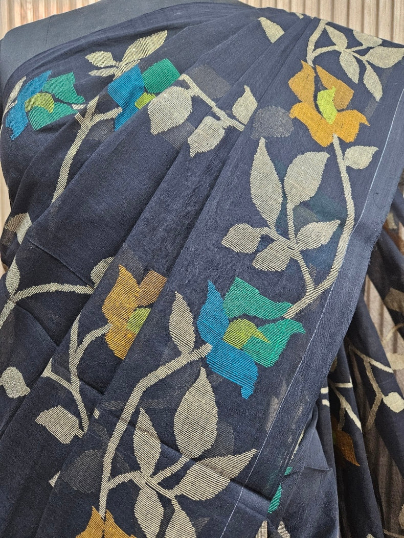 Masterful Craft: Balaram Saha's Black & Multi Handwoven Cotton Jamdani Saree Balaram Saha