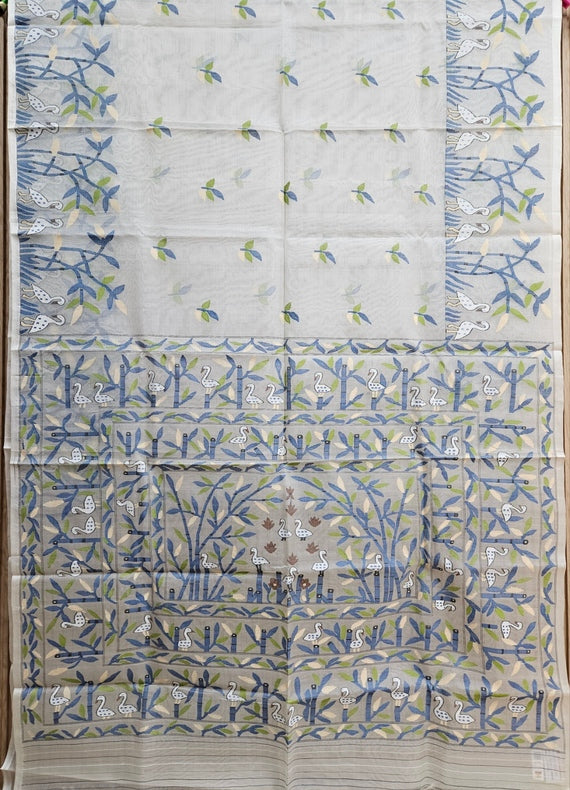 Off-White Handwoven Muslin Silk Jamdani Saree with Multicolor Swan & Leaf Motifs Balaram Saha