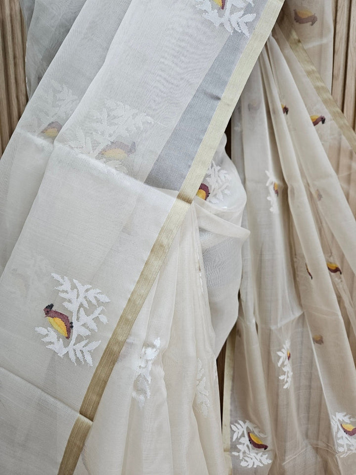 Off-White Handwoven Muslin Silk Jamdani Saree with Multicolor Bird Motifs Balaram Saha