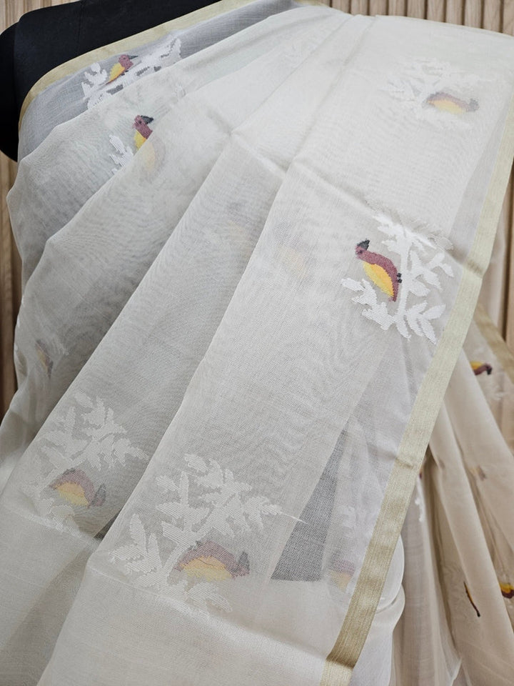 Off-White Handwoven Muslin Silk Jamdani Saree with Multicolor Bird Motifs Balaram Saha