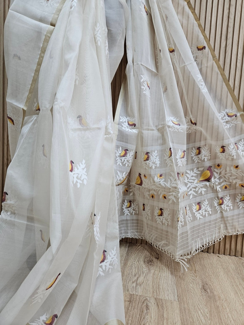 Off-White Handwoven Muslin Silk Jamdani Saree with Multicolor Bird Motifs