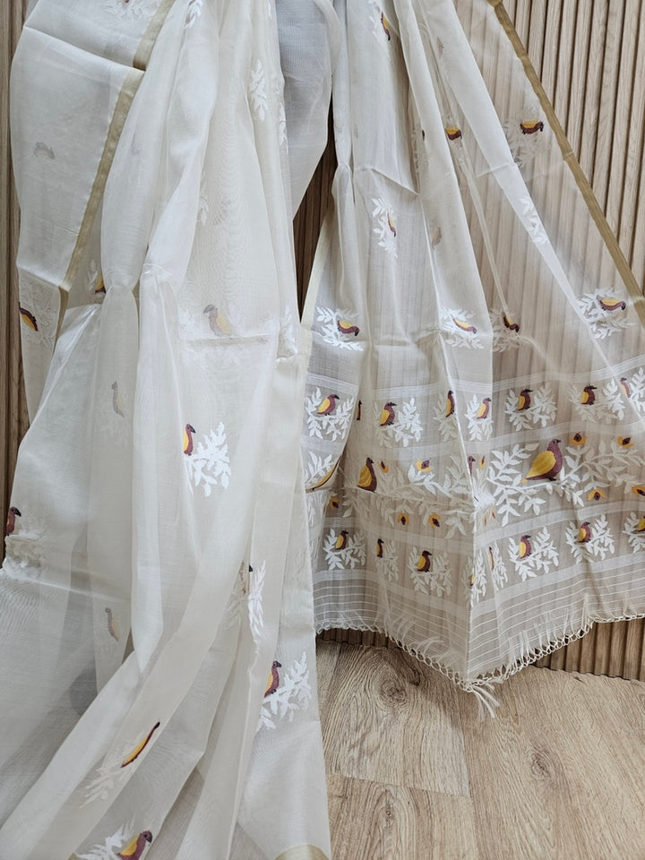 Off-White Handwoven Muslin Silk Jamdani Saree with Multicolor Bird Motifs