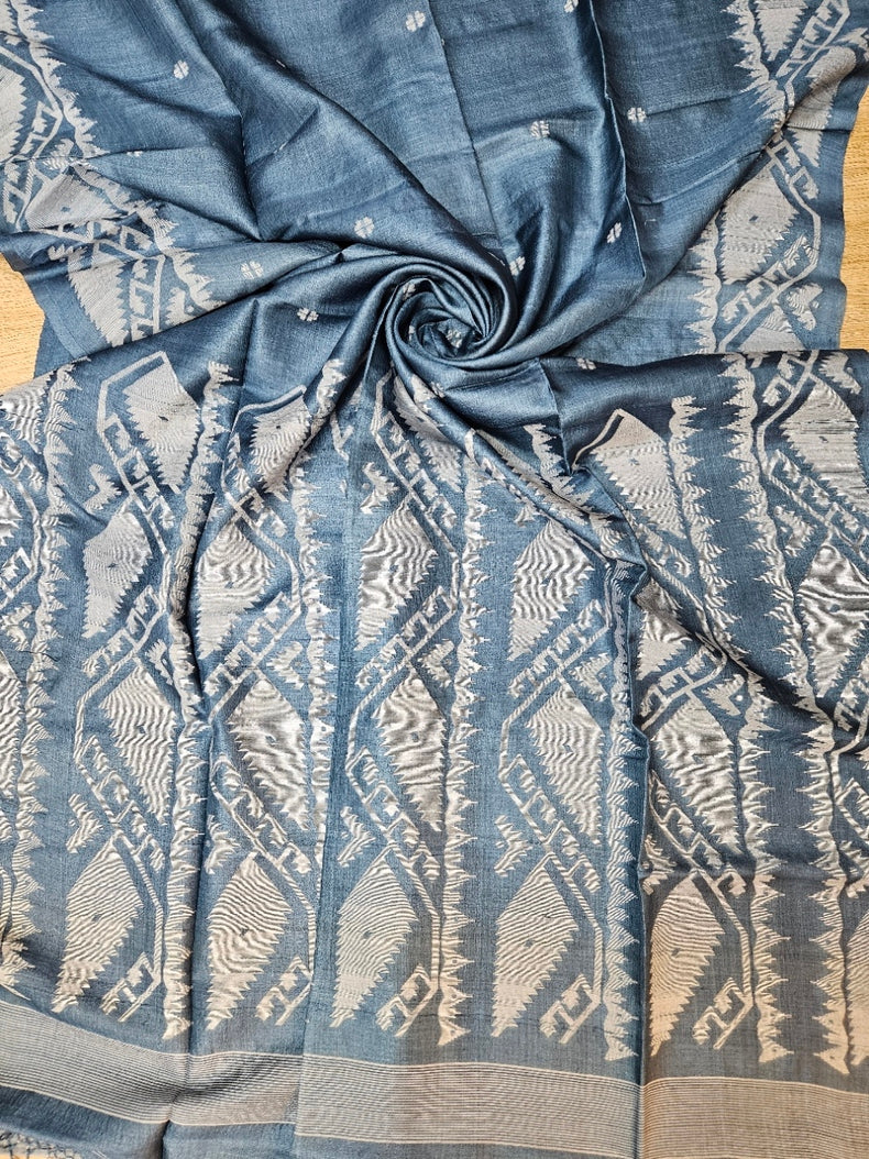 Balaram Saha:Teal Blue Gachhi Tussar Jamdani Saree- A Handwoven Gem Balaram Saha