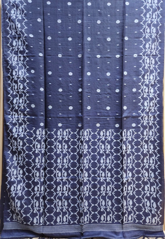 Elegant Indigo Blue & White Handloom Gachhi Tussar Silk Jamdani Saree Balaram Saha
