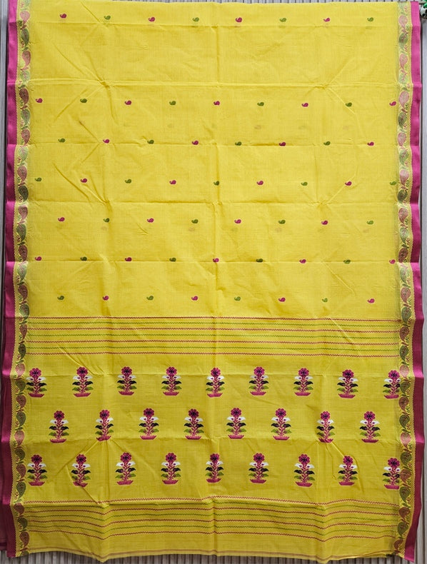 Traditional handloom Cotton Saree Features a Vibrant Yellow With Pink Border Balaram Saha