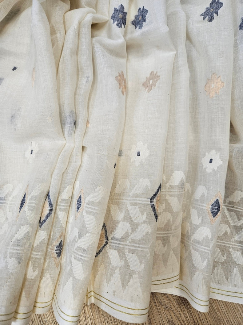 Timeless Weave – Off-White Handspun Cotton Jamdani Saree with Blue & Gold Zari Balaram Saha