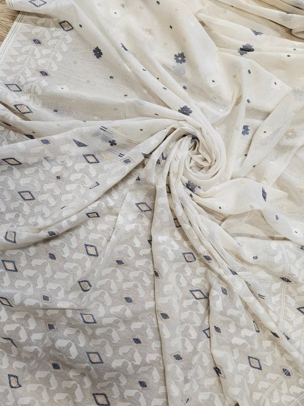 Timeless Weave – Off-White Handspun Cotton Jamdani Saree with Blue & Gold Zari Balaram Saha