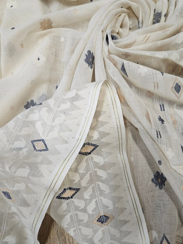 Timeless Weave – Off-White Handspun Cotton Jamdani Saree with Blue & Gold Zari Balaram Saha