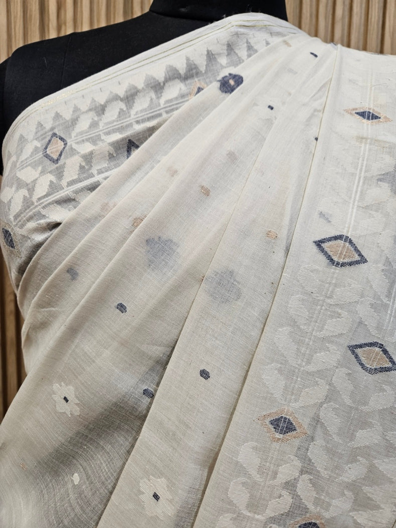 Timeless Weave – Off-White Handspun Cotton Jamdani Saree with Blue & Gold Zari Balaram Saha