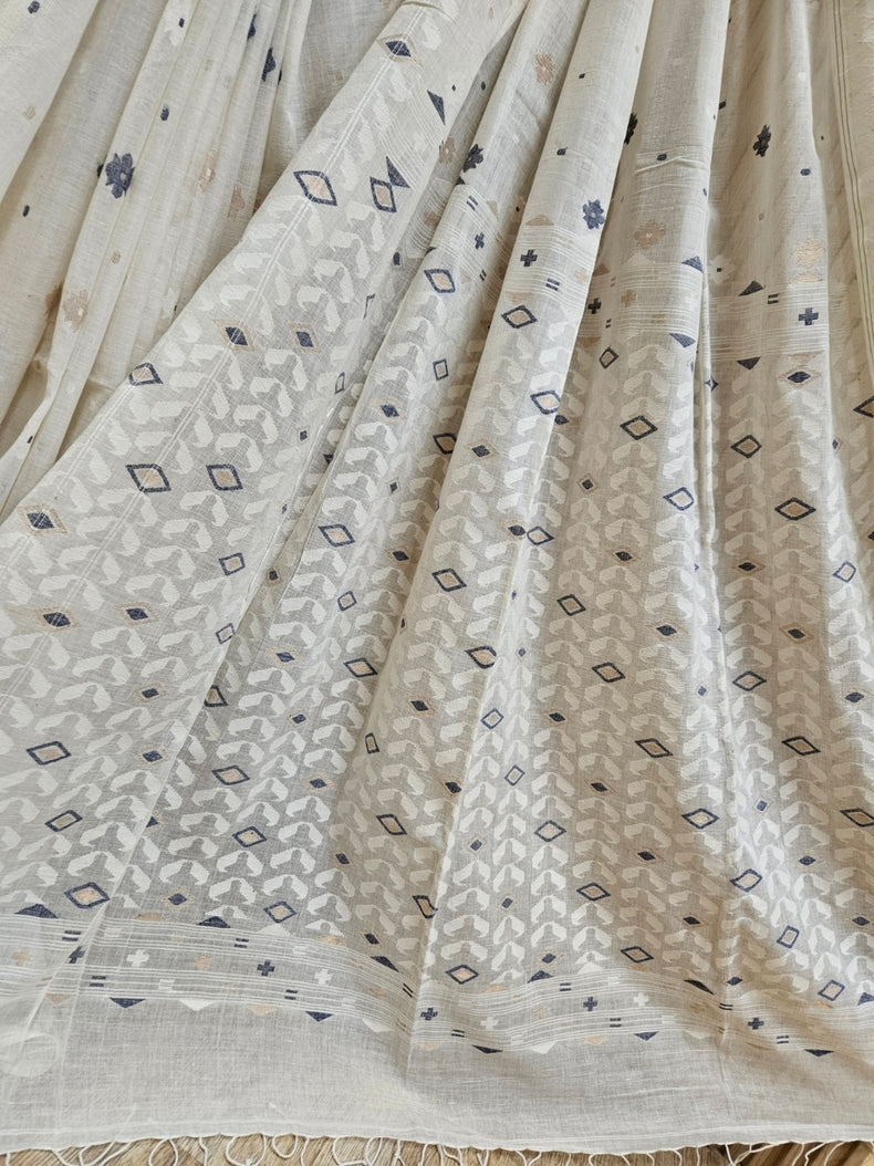 Timeless Weave – Off-White Handspun Cotton Jamdani Saree with Blue & Gold Zari Balaram Saha