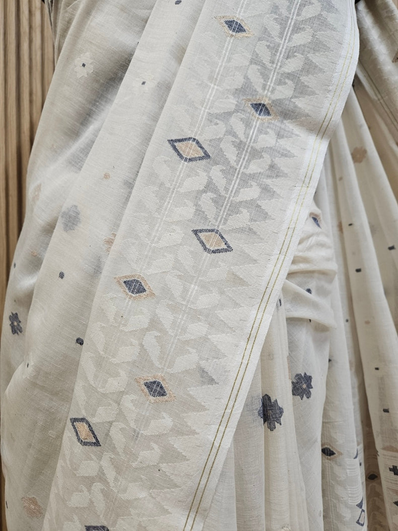 Timeless Weave – Off-White Handspun Cotton Jamdani Saree with Blue & Gold Zari Balaram Saha