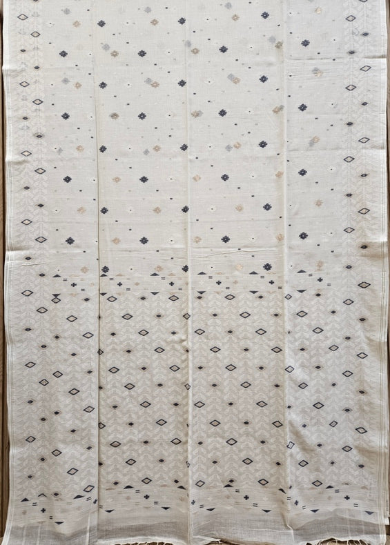 Timeless Weave – Off-White Handspun Cotton Jamdani Saree with Blue & Gold Zari Balaram Saha