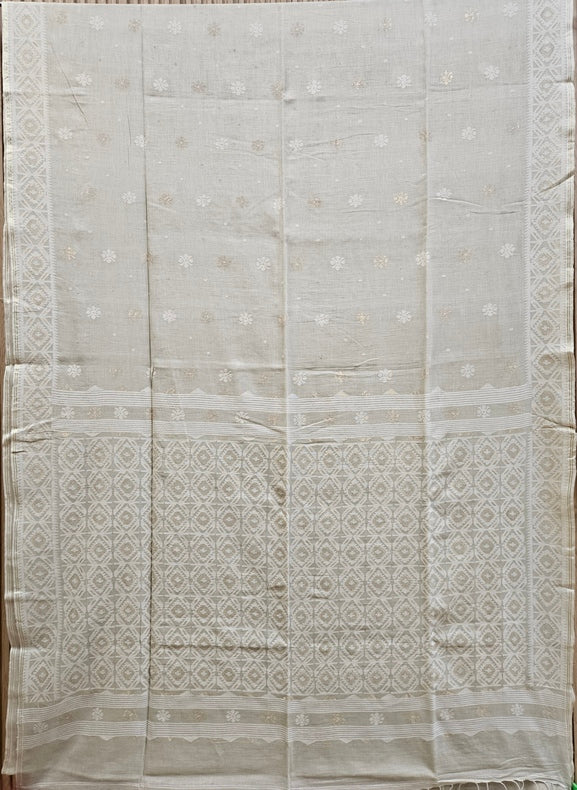 Elegance in Every Thread – Cream & White Handspun Cotton Jamdani Saree with Gold Zari Balaram Saha