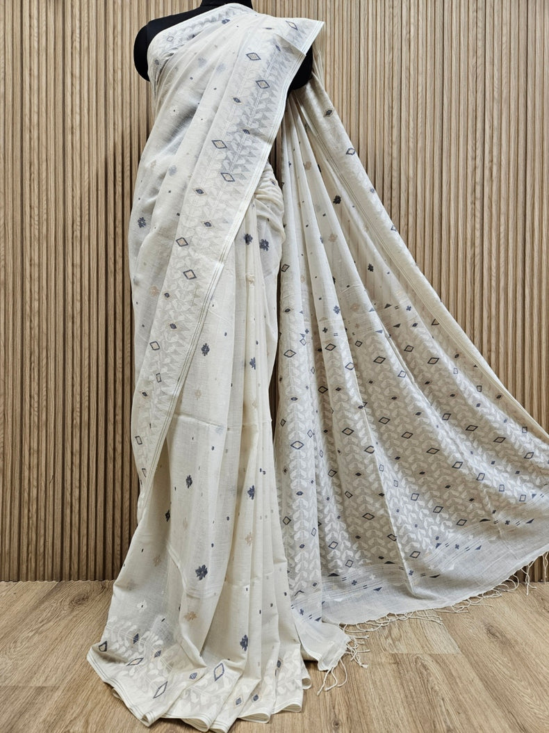 Timeless Weave – Off-White Handspun Cotton Jamdani Saree with Blue & Gold Zari Balaram Saha