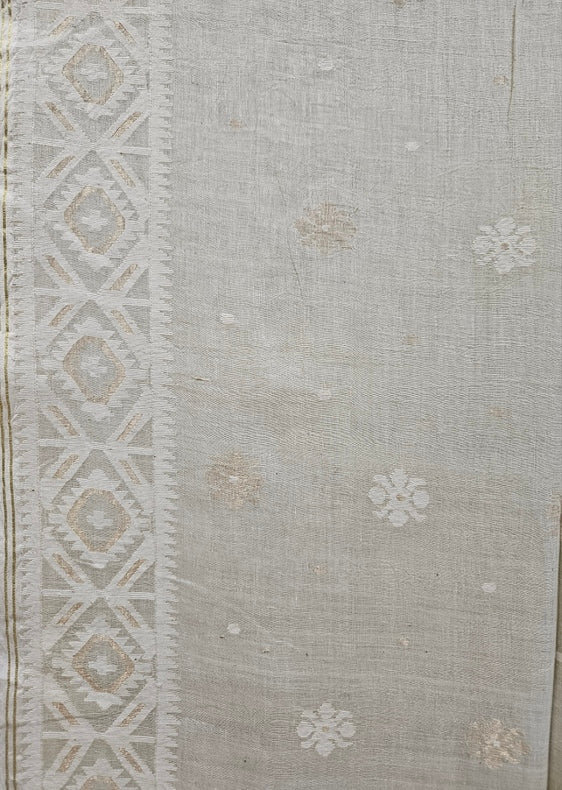 Elegance in Every Thread – Cream & White Handspun Cotton Jamdani Saree with Gold Zari Balaram Saha