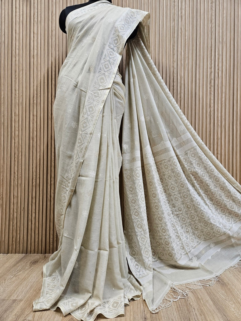 Elegance in Every Thread – Cream & White Handspun Cotton Jamdani Saree with Gold Zari Balaram Saha