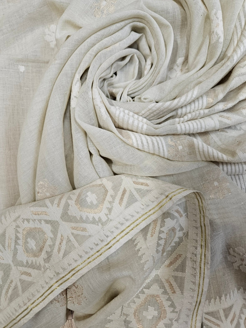 Elegance in Every Thread – Cream & White Handspun Cotton Jamdani Saree with Gold Zari Balaram Saha