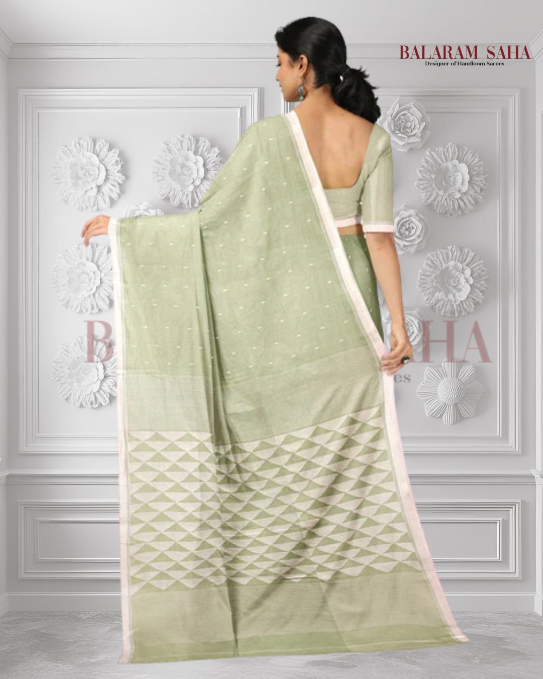 Light Green Soft Handloom Handspun Cotton Jamdani Saree Balaram Saha
