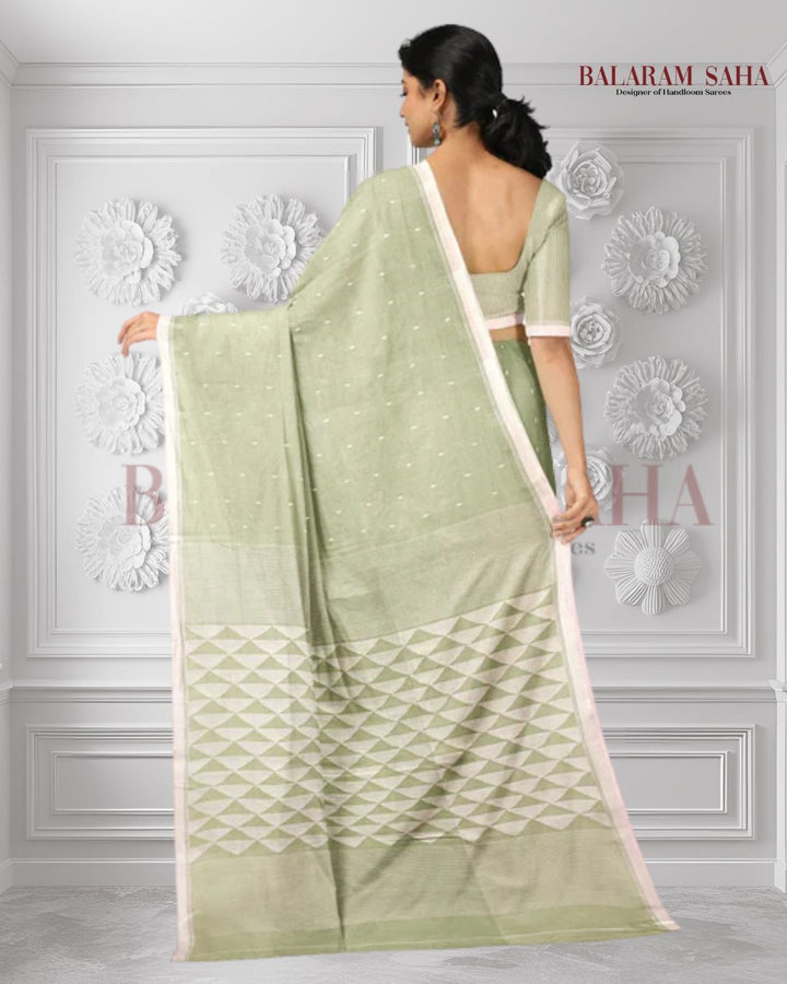 Light Green Soft Handloom Handspun Cotton Jamdani Saree Balaram Saha