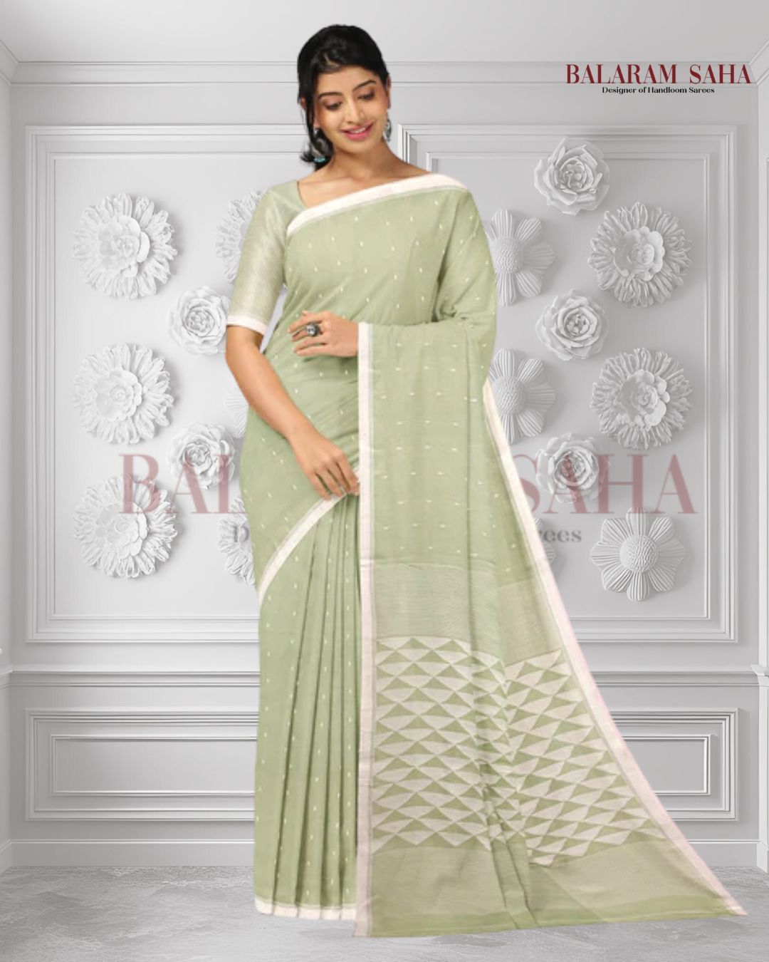 Light Green Soft Handloom Handspun Cotton Jamdani Saree Balaram Saha