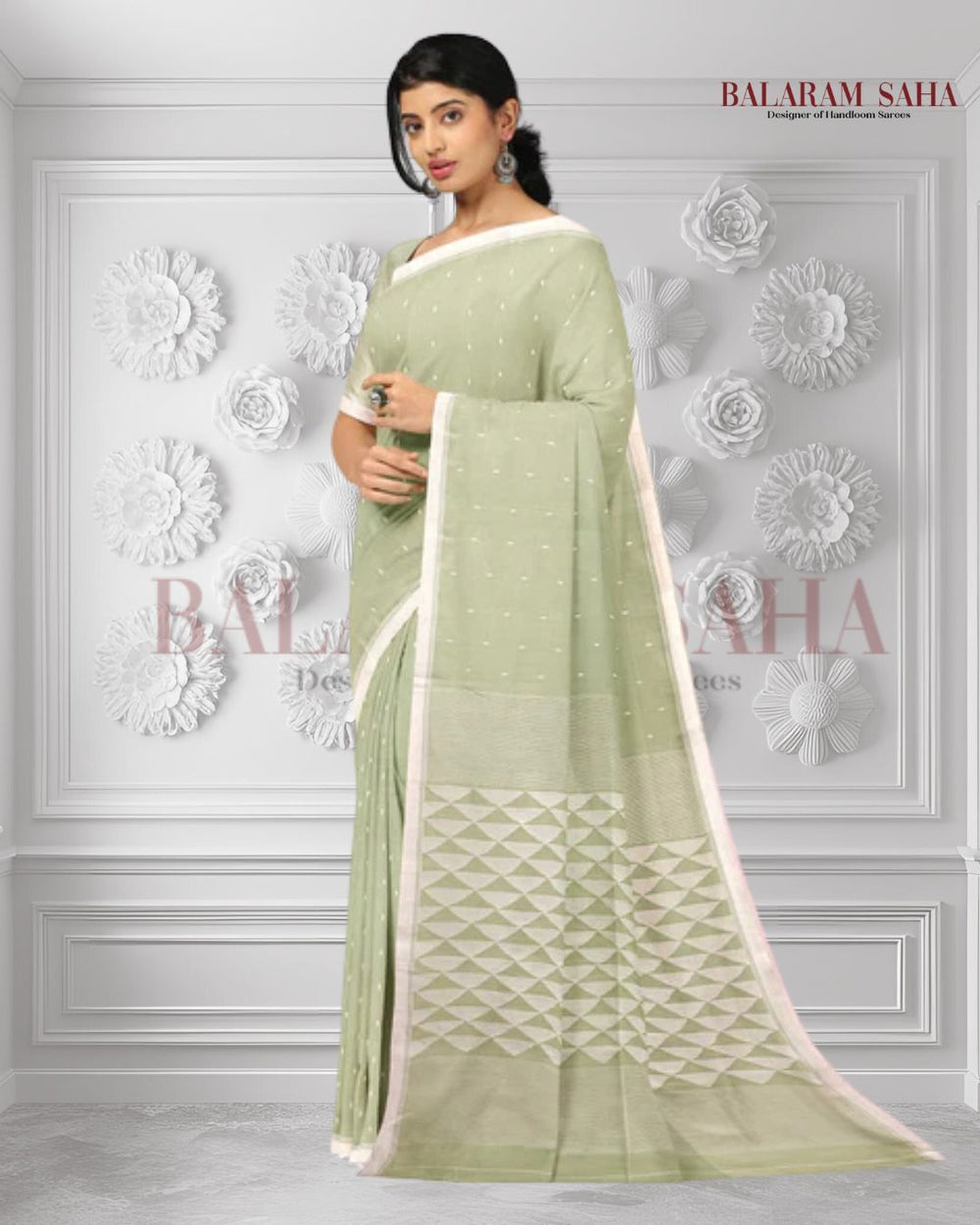 Light Green Soft Handloom Handspun Cotton Jamdani Saree Balaram Saha