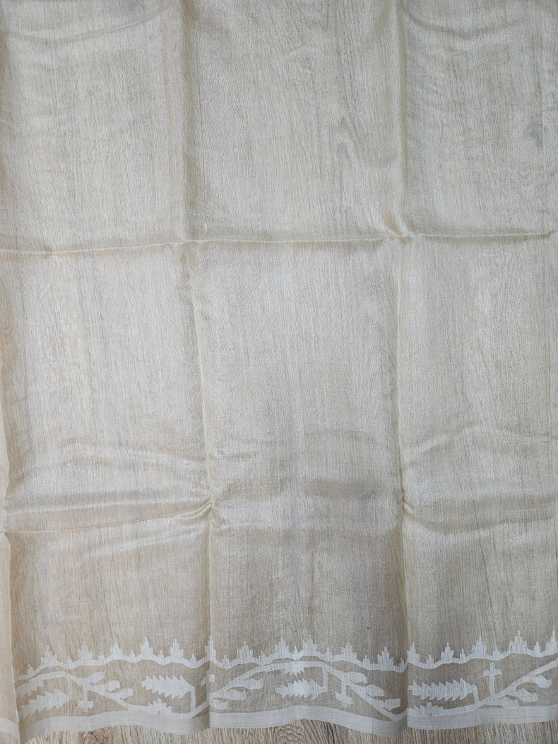 Elegant Cream and Beige Handloom Tussare Silk Handwoven Jamdani Saree Balaram Saha