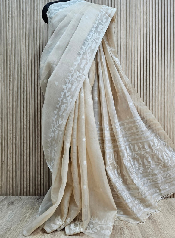 Elegant Cream and Beige Handloom Tussare Silk Handwoven Jamdani Saree Balaram Saha