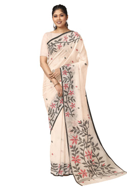 White & Black Handloom Handwoven Jamdani Saree Balaram Saha