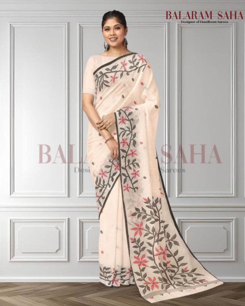 White & Black Handloom Handwoven Jamdani Saree Balaram Saha