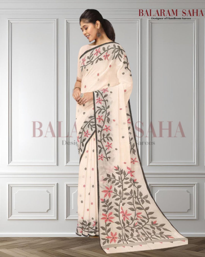 White & Black Handloom Handwoven Jamdani Saree Balaram Saha