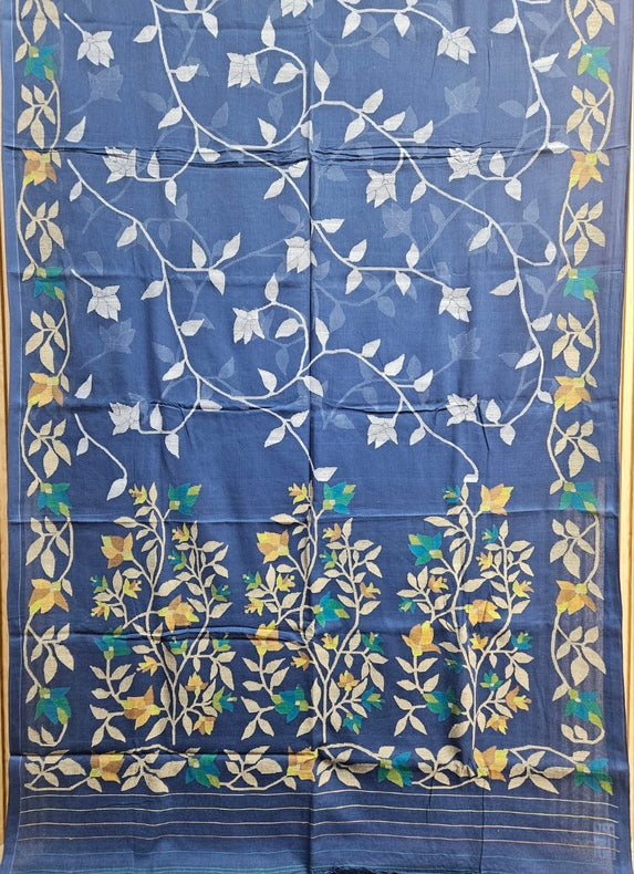 Masterful Craft: Balaram Saha's Blue & Multi Handwoven Cotton Jamdani Saree Balaram Saha