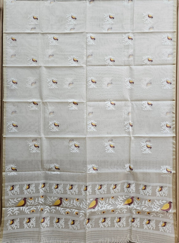 Off-White Handwoven Muslin Silk Jamdani Saree with Multicolor Bird Motifs Balaram Saha