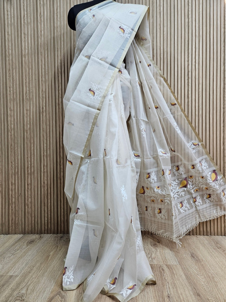Off-White Handwoven Muslin Silk Jamdani Saree with Multicolor Bird Motifs Balaram Saha