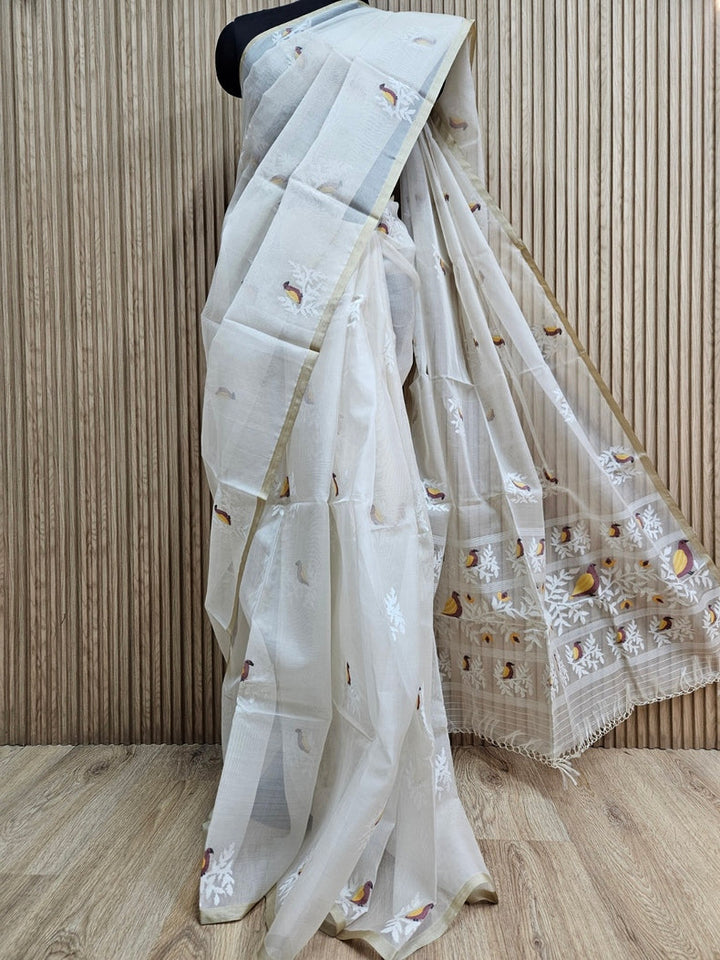Off-White Handwoven Muslin Silk Jamdani Saree with Multicolor Bird Motifs Balaram Saha