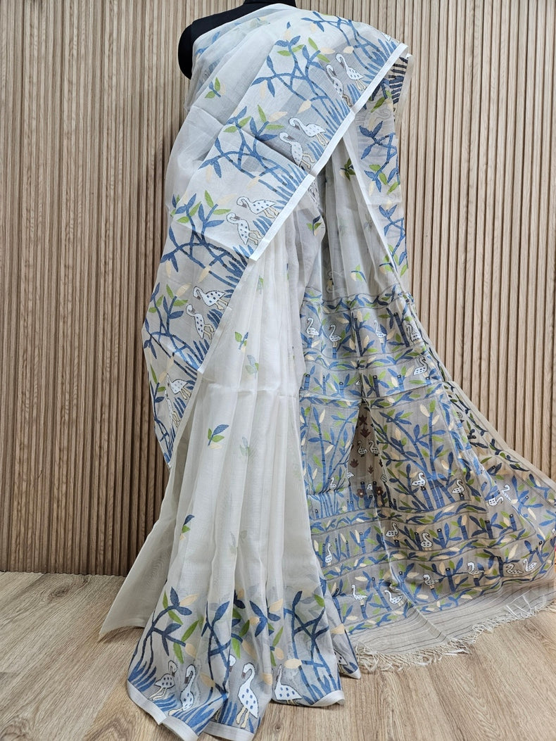 Off-White Handwoven Muslin Silk Jamdani Saree with Multicolor Swan & Leaf Motifs Balaram Saha