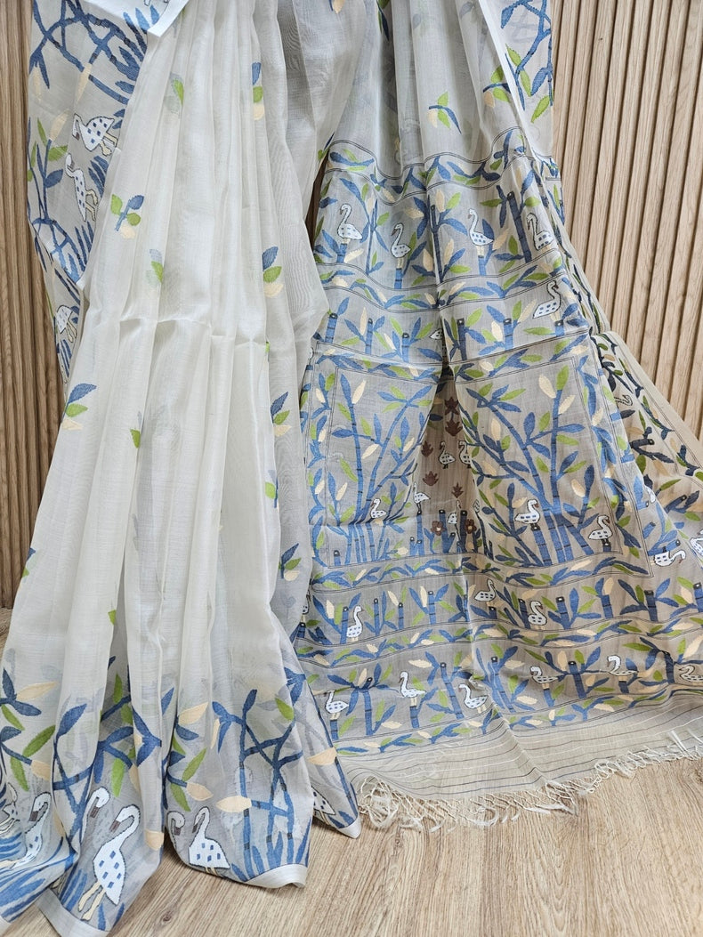 Off-White Handwoven Muslin Silk Jamdani Saree with Multicolor Swan & Leaf Motifs Balaram Saha