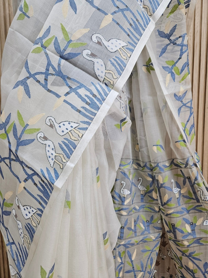 Off-White Handwoven Muslin Silk Jamdani Saree with Multicolor Swan & Leaf Motifs Balaram Saha